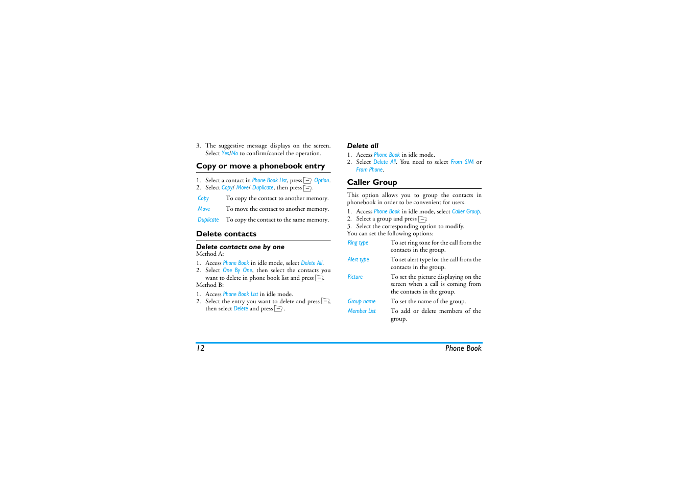 Copy or move a phonebook entry, Delete contacts, Caller group | Philips Mobile Phone CTS660BLK S660 User Manual | Page 13 / 57