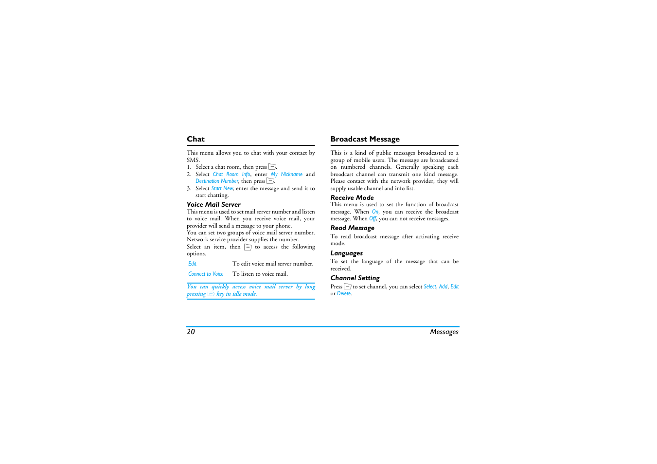 Chat, Broadcast message | Philips Mobile Phone CTS660BLK S660 User Manual | Page 21 / 57