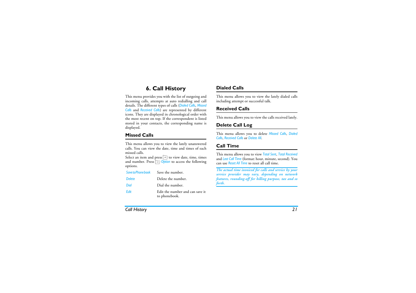 Call history, Missed calls, Dialed calls | Received calls, Delete call log, Call time | Philips Mobile Phone CTS660BLK S660 User Manual | Page 22 / 57
