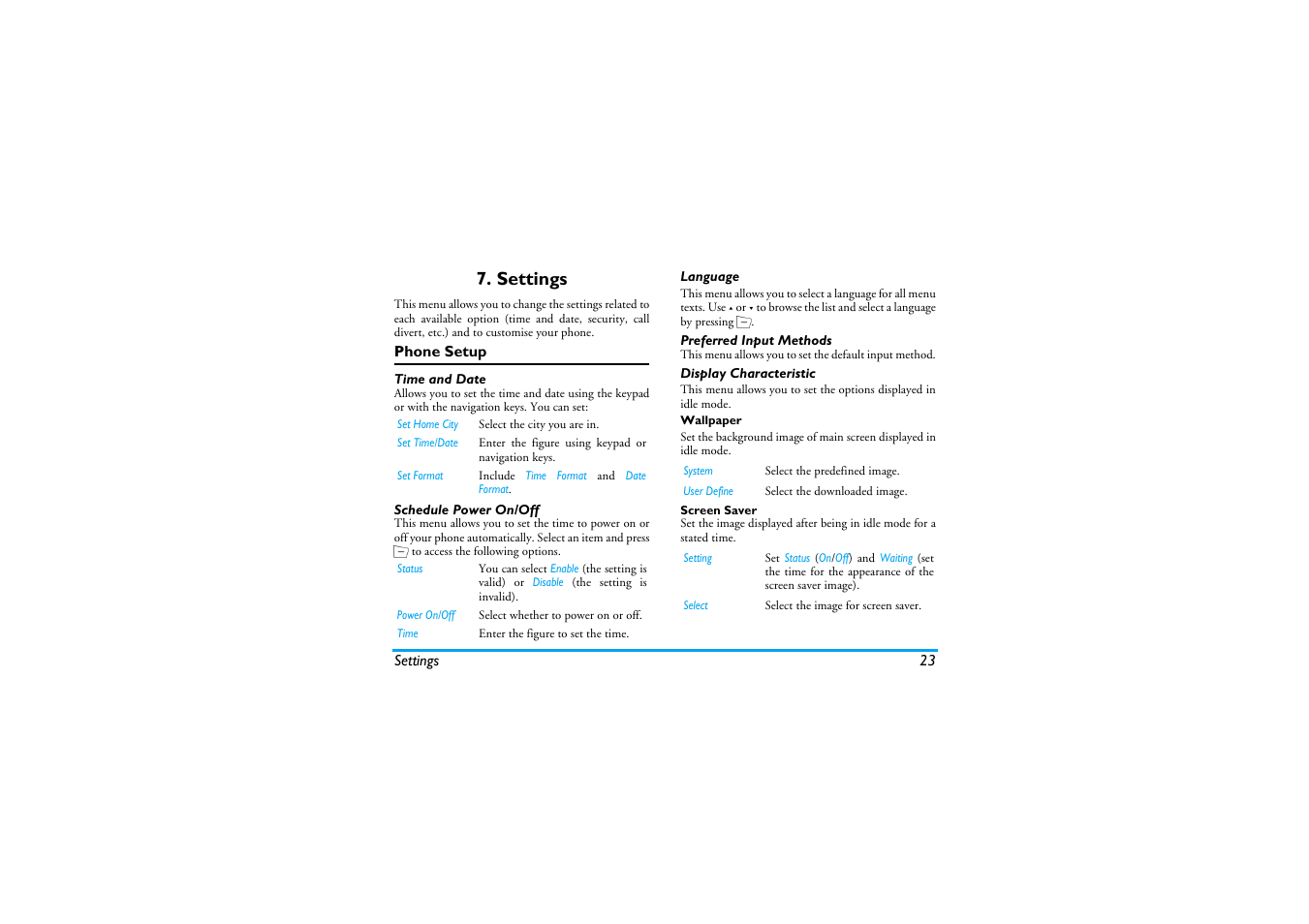 Settings, Phone setup | Philips Mobile Phone CTS660BLK S660 User Manual | Page 24 / 57