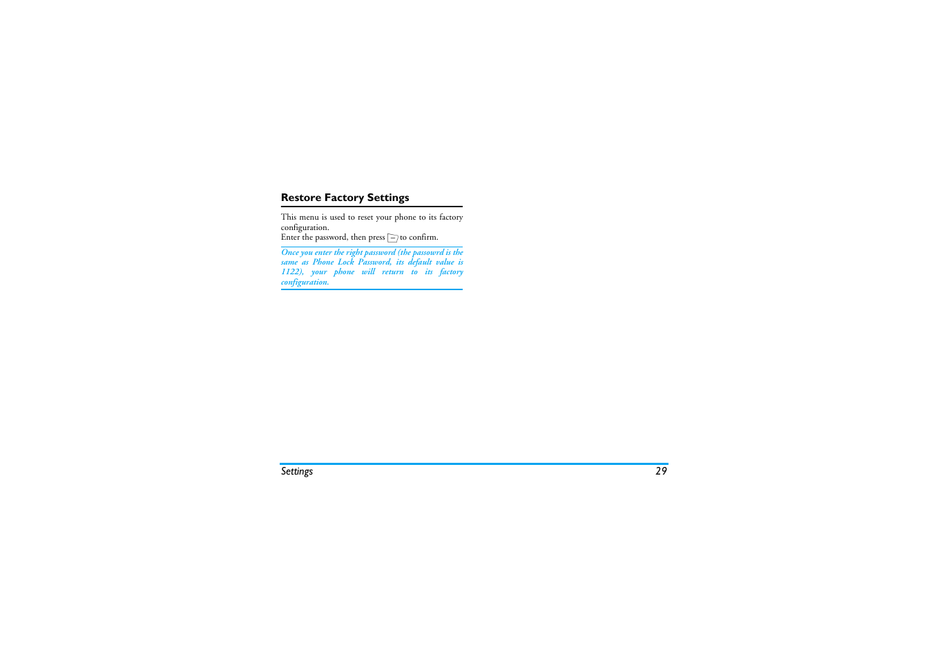 Restore factory settings | Philips Mobile Phone CTS660BLK S660 User Manual | Page 30 / 57