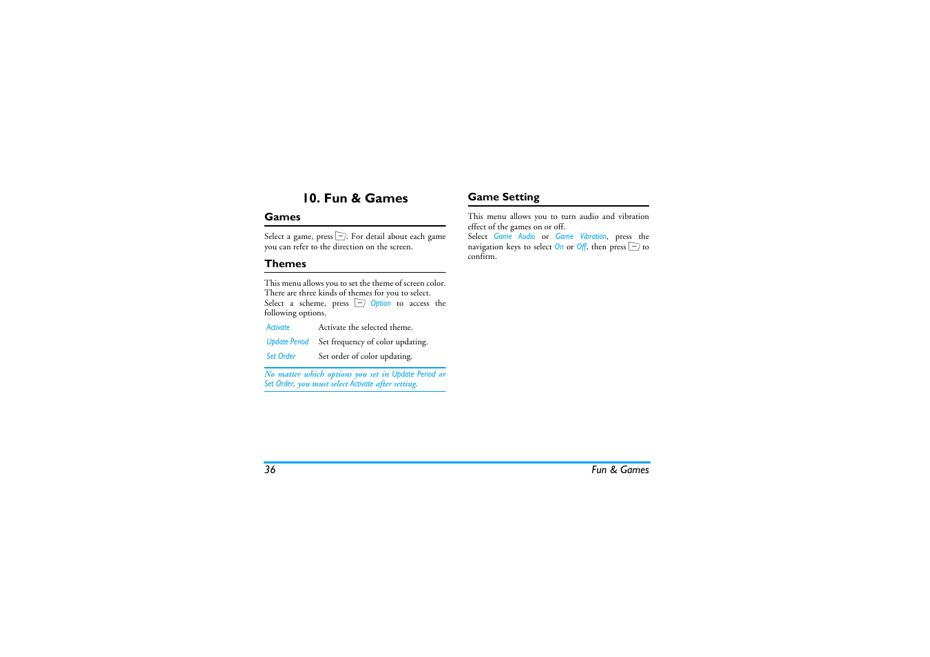 Fun & games, Games, Themes | Game setting | Philips Mobile Phone CTS660BLK S660 User Manual | Page 37 / 57
