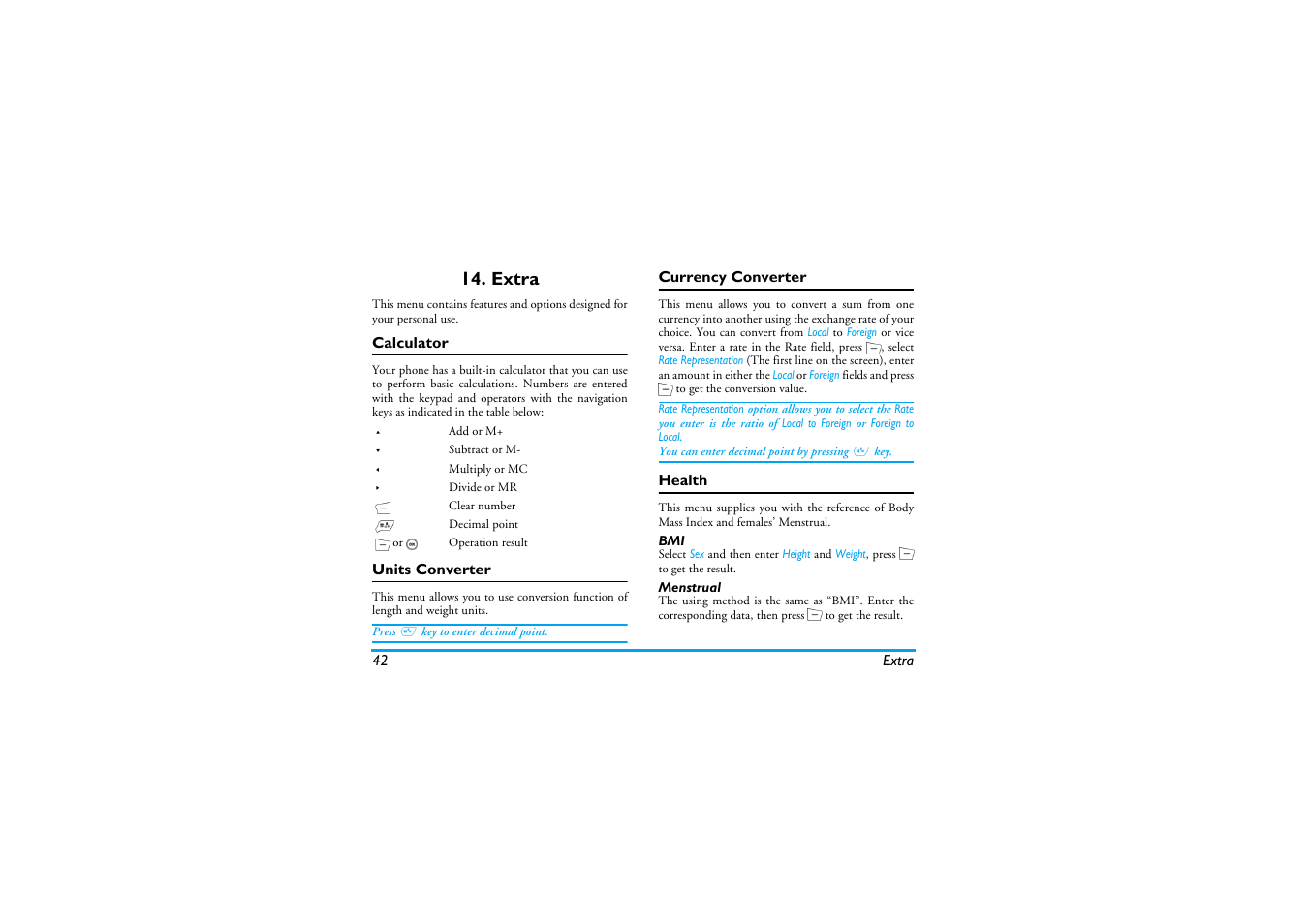 Extra, Calculator, Units converter | Currency converter, Health | Philips Mobile Phone CTS660BLK S660 User Manual | Page 43 / 57