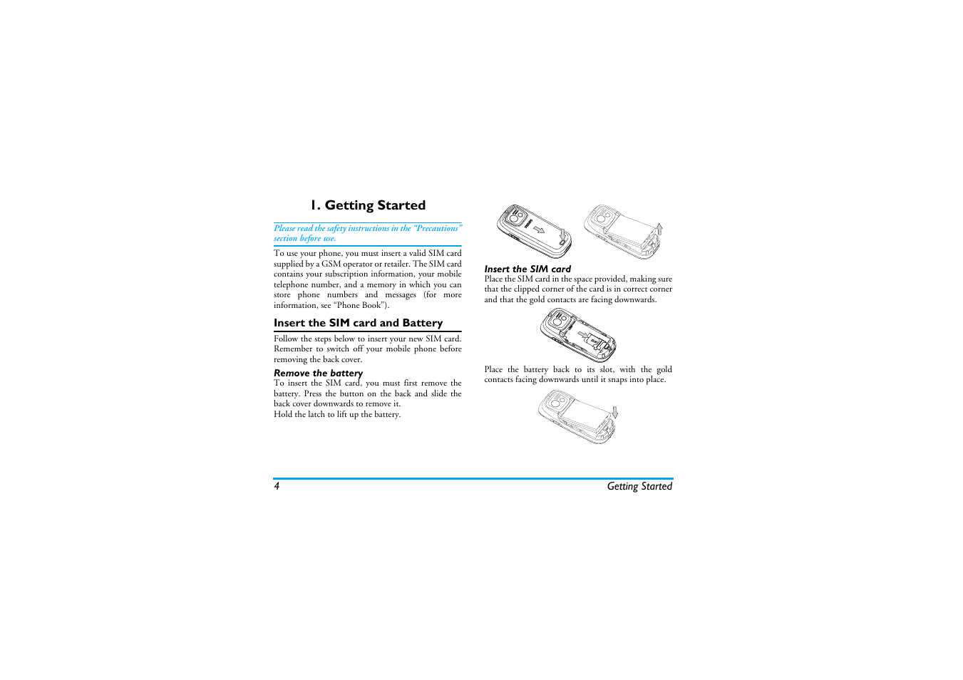 Getting started, Insert the sim card and battery | Philips Mobile Phone CTS660BLK S660 User Manual | Page 5 / 57