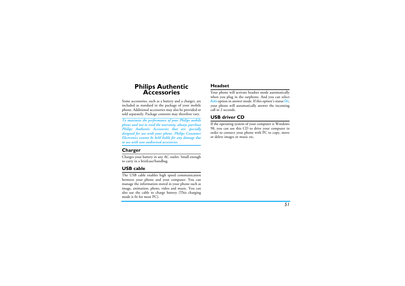 Philips authentic accessories | Philips Mobile Phone CTS660BLK S660 User Manual | Page 52 / 57