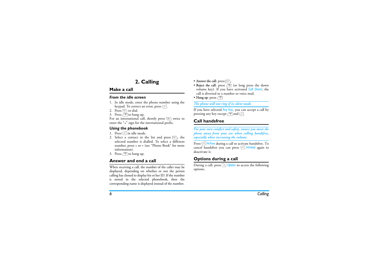 Calling, Make a call, Answer and end a call | Call handsfree, Options during a call | Philips Mobile Phone CTS660BLK S660 User Manual | Page 7 / 57