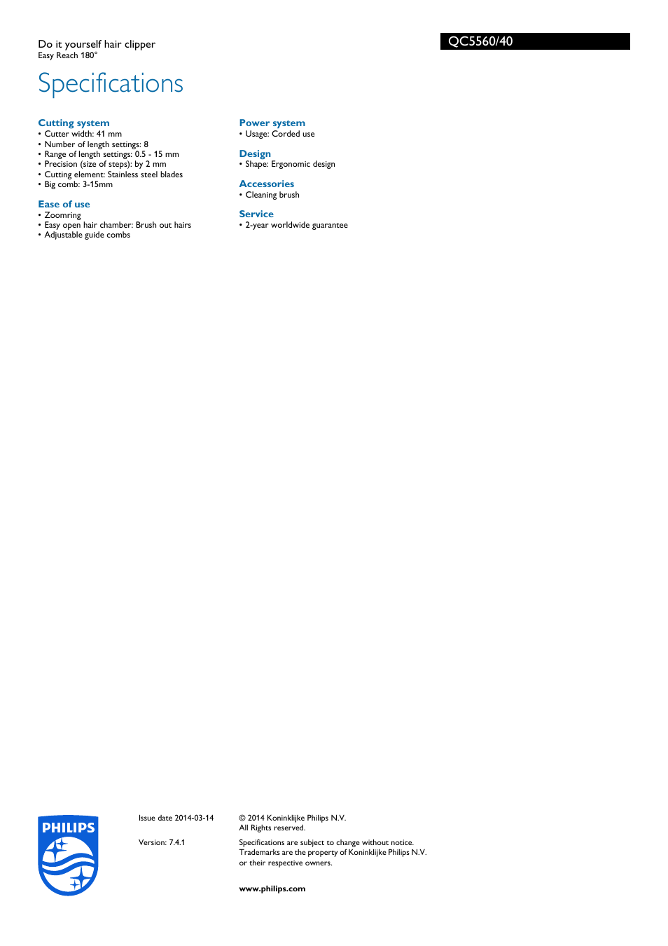 Specifications | Philips QC5560-40 User Manual | Page 3 / 3