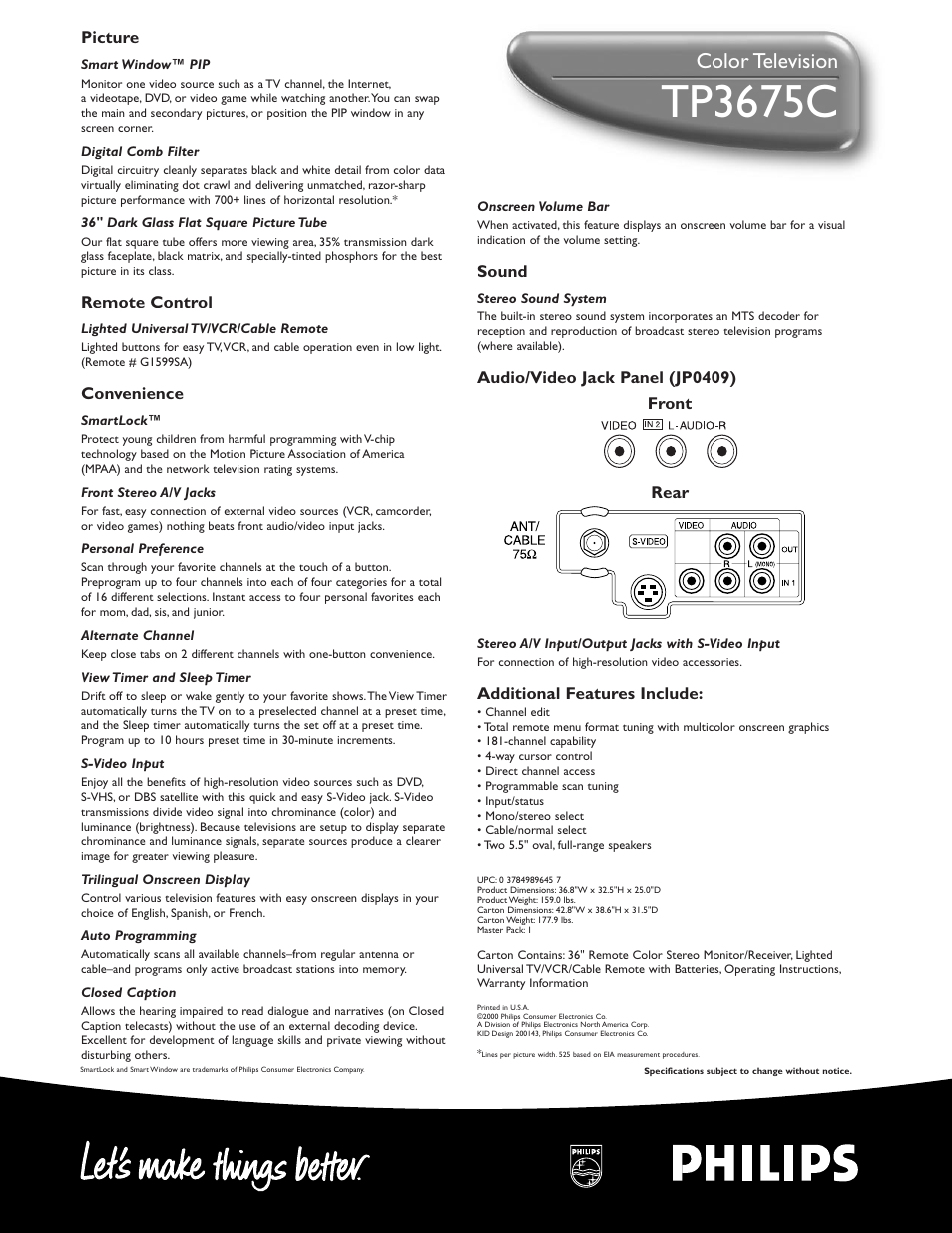 Tp3675c, Color television | Philips TP3675C User Manual | Page 2 / 2