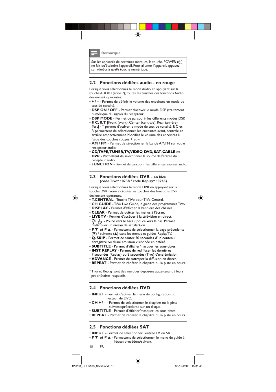 2 fonctions dédiées audio - en rouge, 3 fonctions dédiées dvr, 4 fonctions dédiées dvd | 5 fonctions dédiées sat | Philips SRU5108-27 User Manual | Page 18 / 38