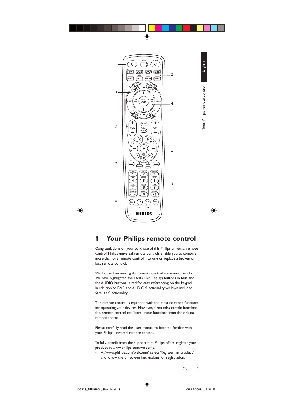 1 your philips remote control, 3en your philips r emote contr ol english | Philips SRU5108-27 User Manual | Page 3 / 38