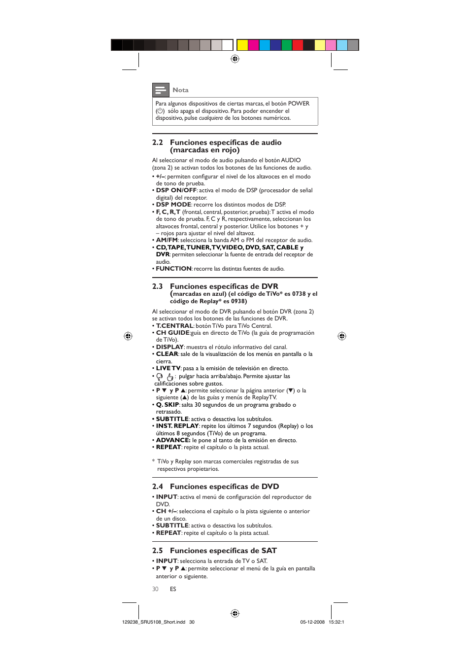 3 funciones específicas de dvr, 4 funciones específicas de dvd, 5 funciones específicas de sat | Philips SRU5108-27 User Manual | Page 30 / 38