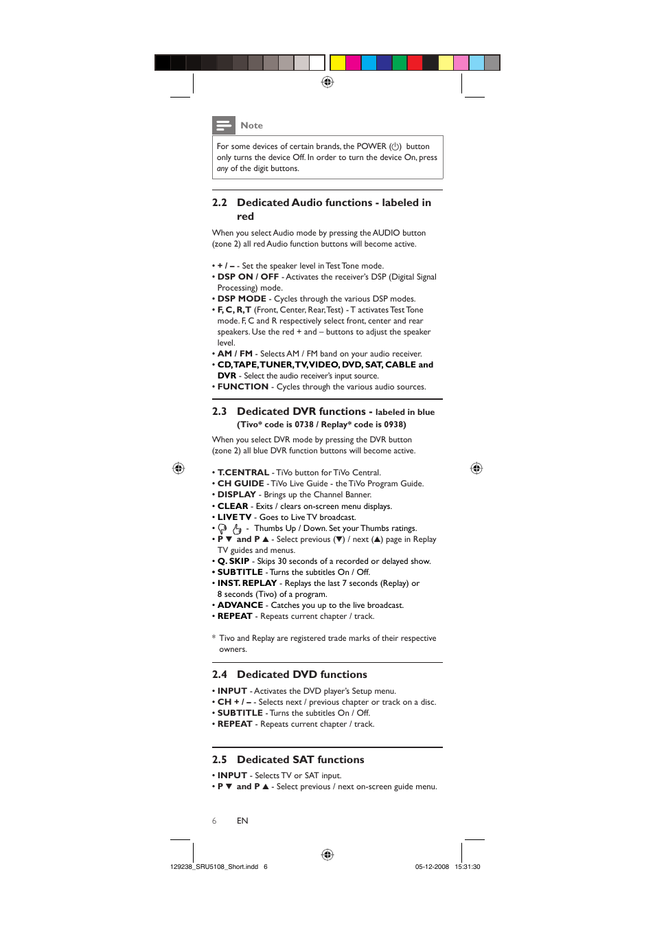 2 dedicated audio functions - labeled in red, 3 dedicated dvr functions, 4 dedicated dvd functions | 5 dedicated sat functions | Philips SRU5108-27 User Manual | Page 6 / 38