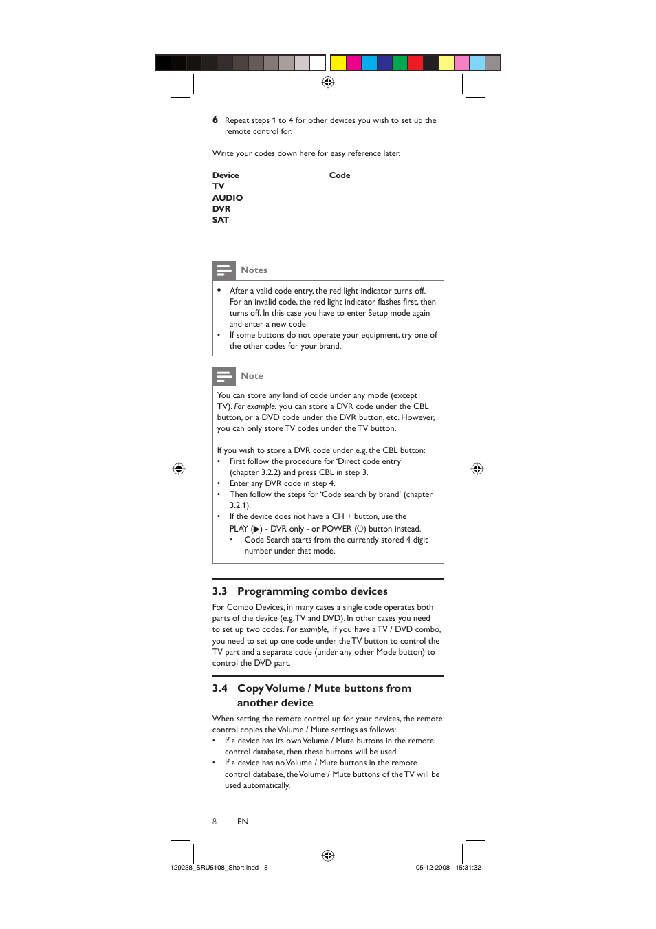 3 programming combo devices, 4 copy volume / mute buttons from another device | Philips SRU5108-27 User Manual | Page 8 / 38