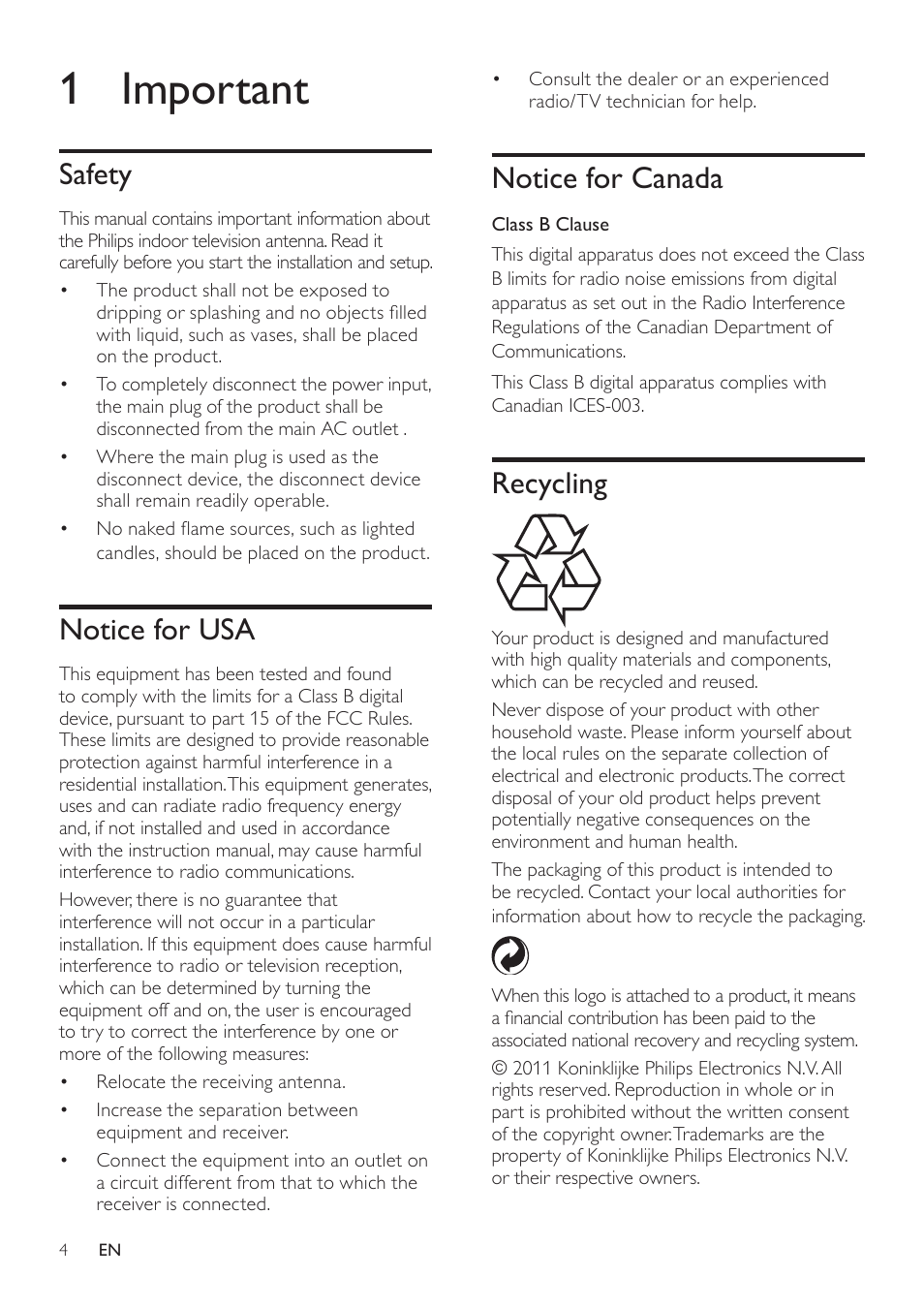 1 important, Safety, Notice for usa | Notice for canada, Recycling | Philips SDV2225T-27 User Manual | Page 4 / 10