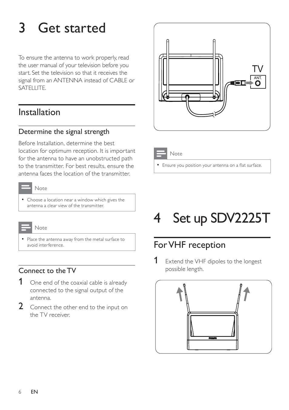 3 get started, Installation, 4 set up sdv2225t | For vhf reception | Philips SDV2225T-27 User Manual | Page 6 / 10