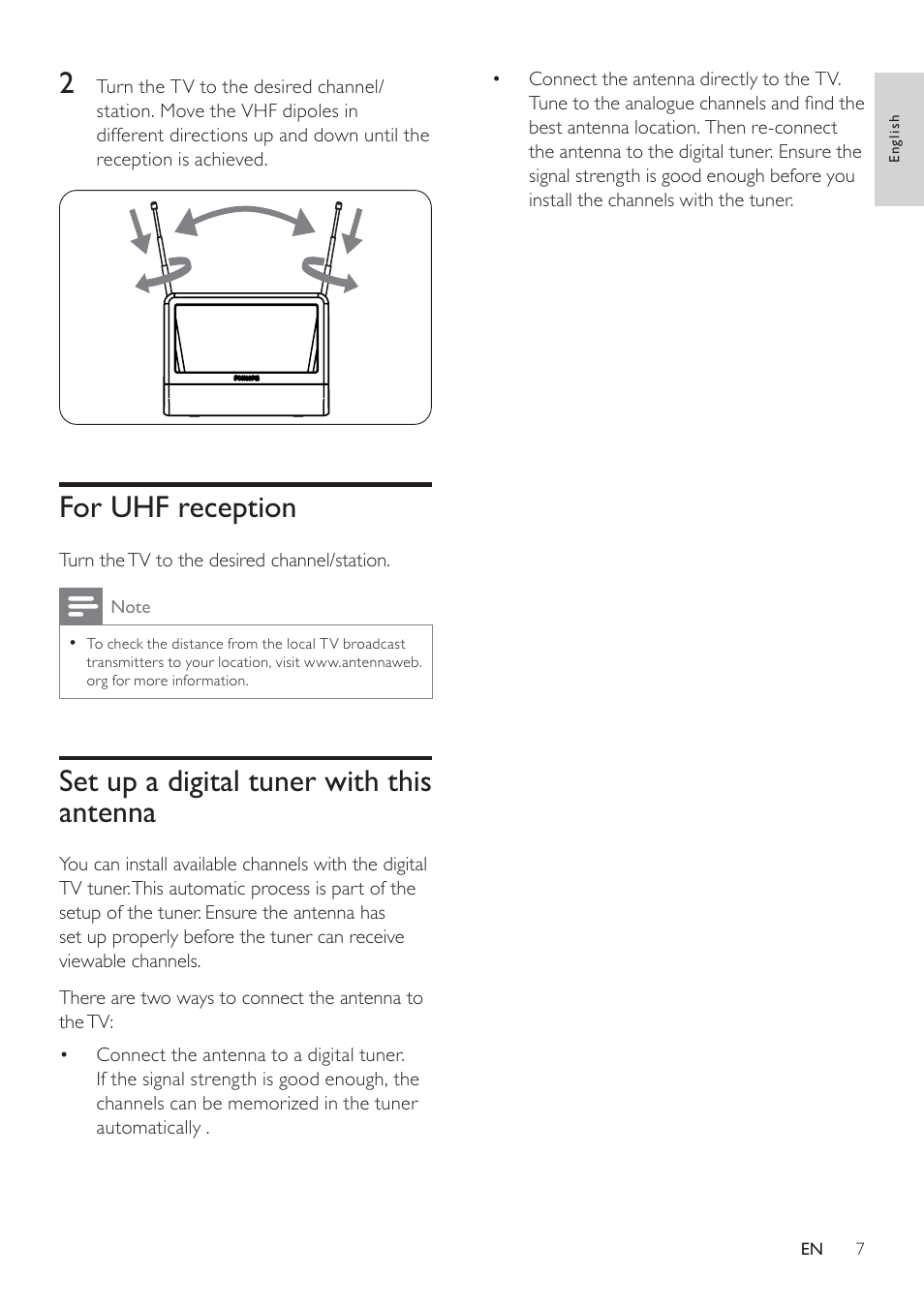 For uhf reception, Set up a digital tuner with this antenna | Philips SDV2225T-27 User Manual | Page 7 / 10