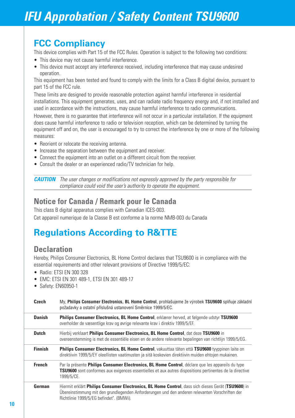 Ifu approbation / safety content tsu9600, Fcc compliancy, Regulations according to r&tte | Notice for canada / remark pour le canada, Declaration | Philips TSU9600-37 User Manual | Page 10 / 14