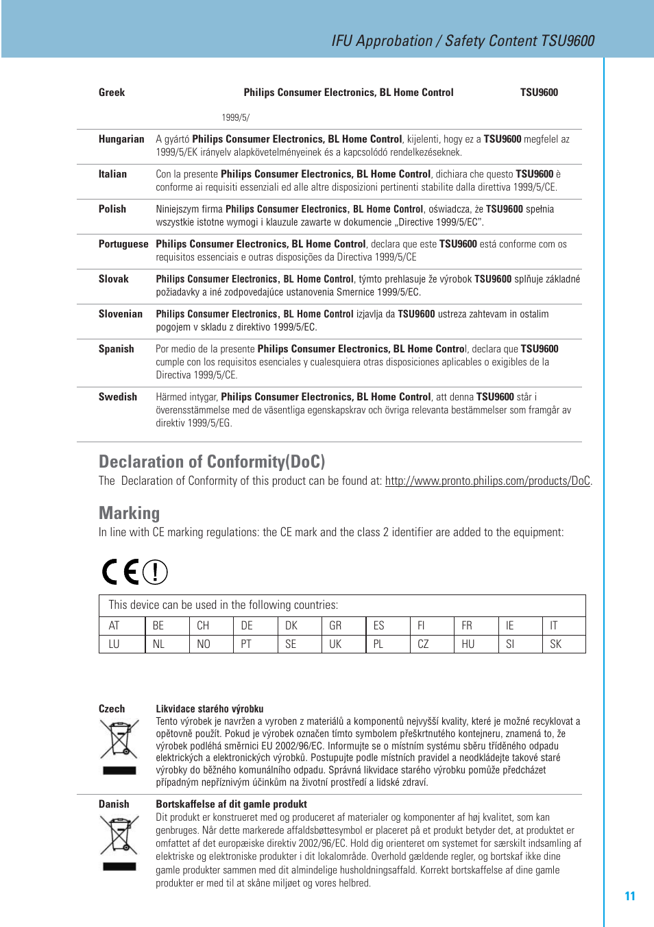 Declaration of conformity(doc), Marking, Ifu approbation / safety content tsu9600 | Philips TSU9600-37 User Manual | Page 11 / 14