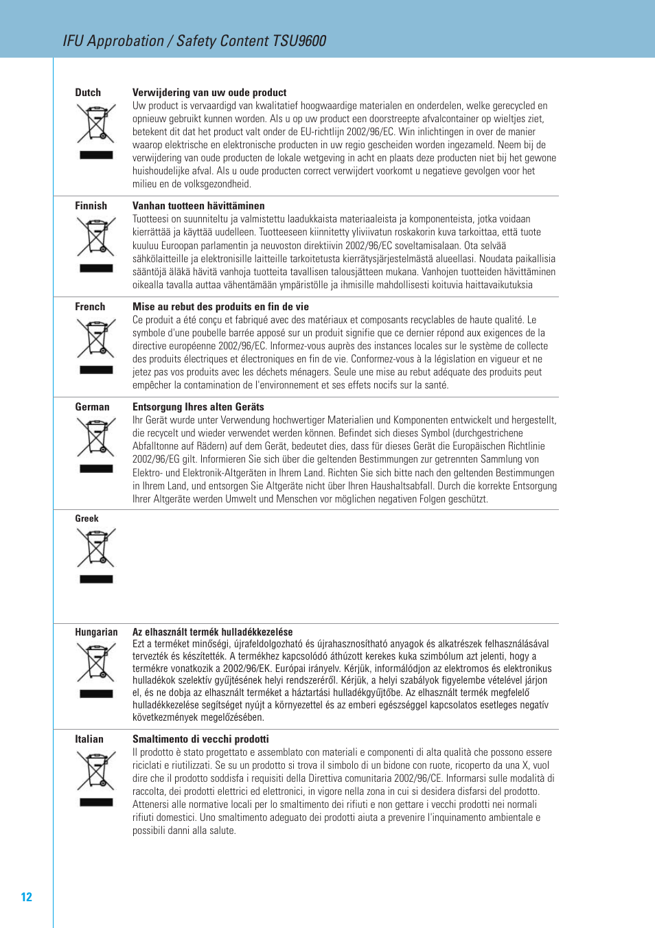 Ifu approbation / safety content tsu9600 | Philips TSU9600-37 User Manual | Page 12 / 14