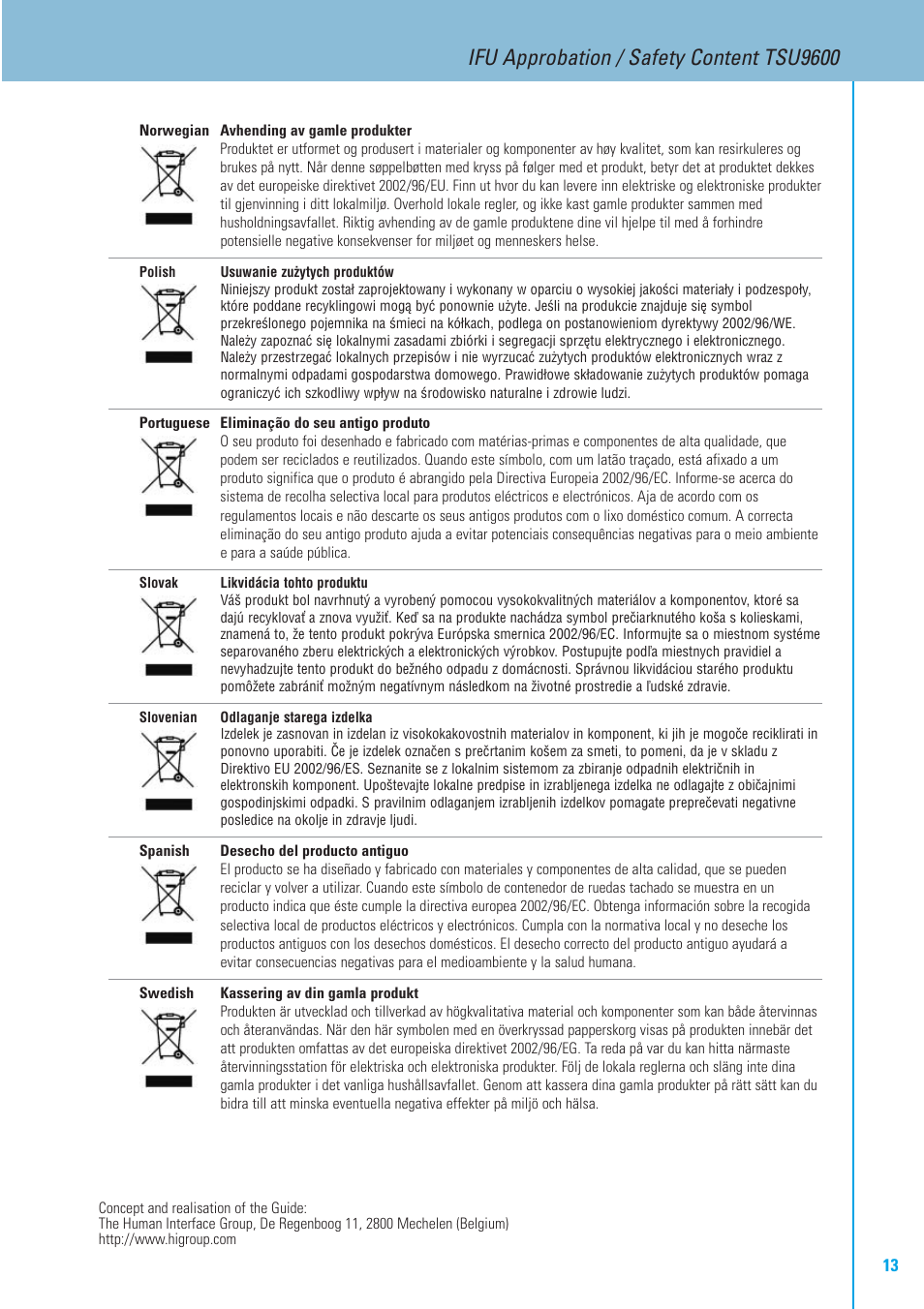 Ifu approbation / safety content tsu9600 | Philips TSU9600-37 User Manual | Page 13 / 14