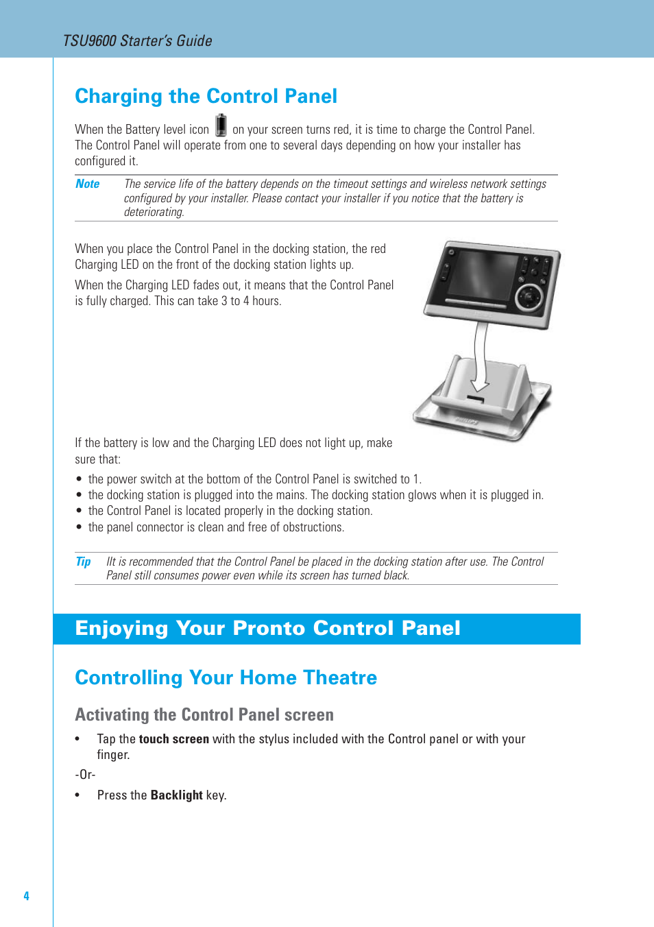 Charging the control panel, Activating the control panel screen | Philips TSU9600-37 User Manual | Page 4 / 14