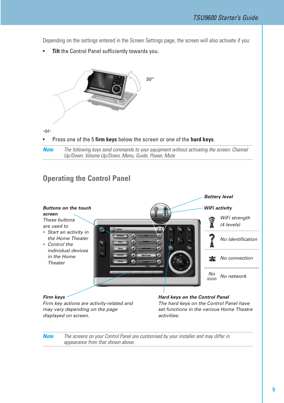 Operating the control panel, Tsu9600 starter’s guide | Philips TSU9600-37 User Manual | Page 5 / 14