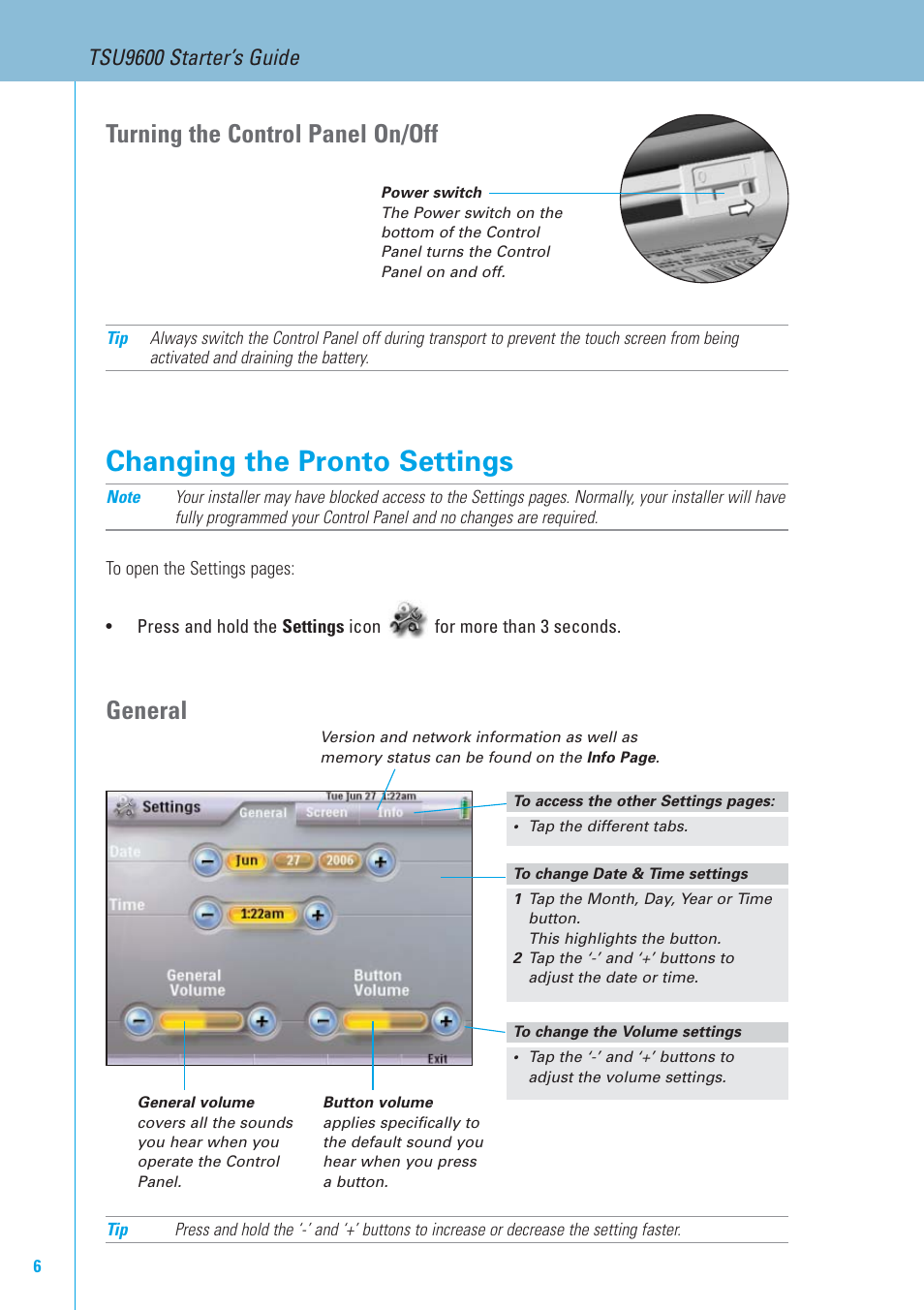 Changing the pronto settings, General, Turning the control panel on/off | Tsu9600 starter’s guide | Philips TSU9600-37 User Manual | Page 6 / 14