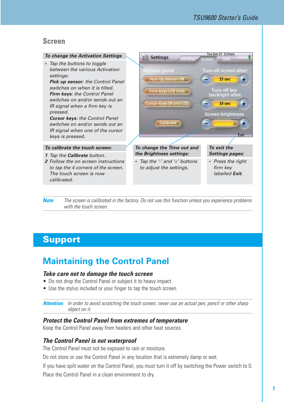 Support maintaining the control panel, Screen, Tsu9600 starter’s guide | Philips TSU9600-37 User Manual | Page 7 / 14