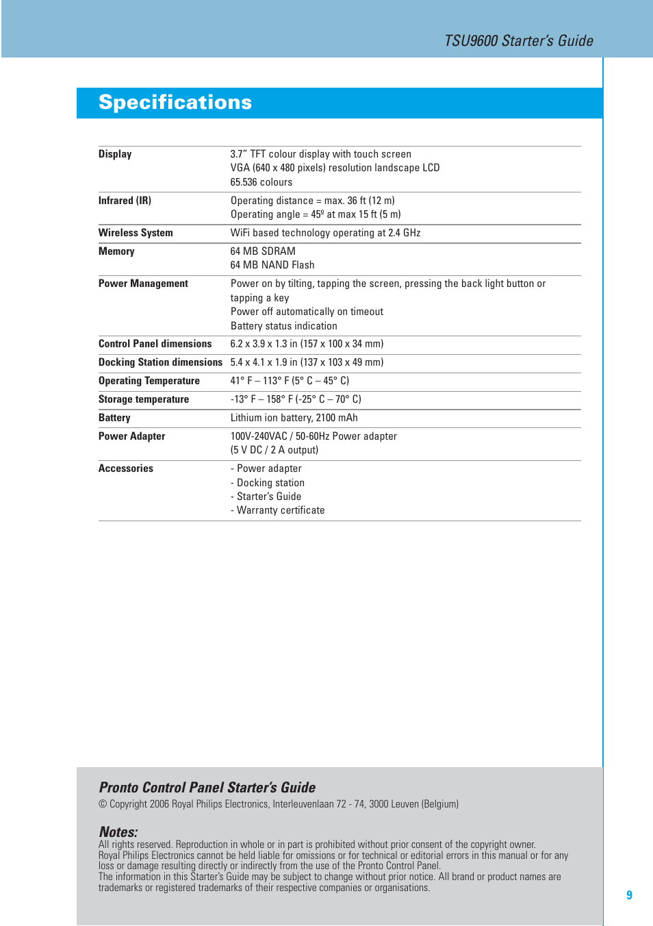 Specifications, Tsu9600 starter’s guide, Pronto control panel starter’s guide | Philips TSU9600-37 User Manual | Page 9 / 14