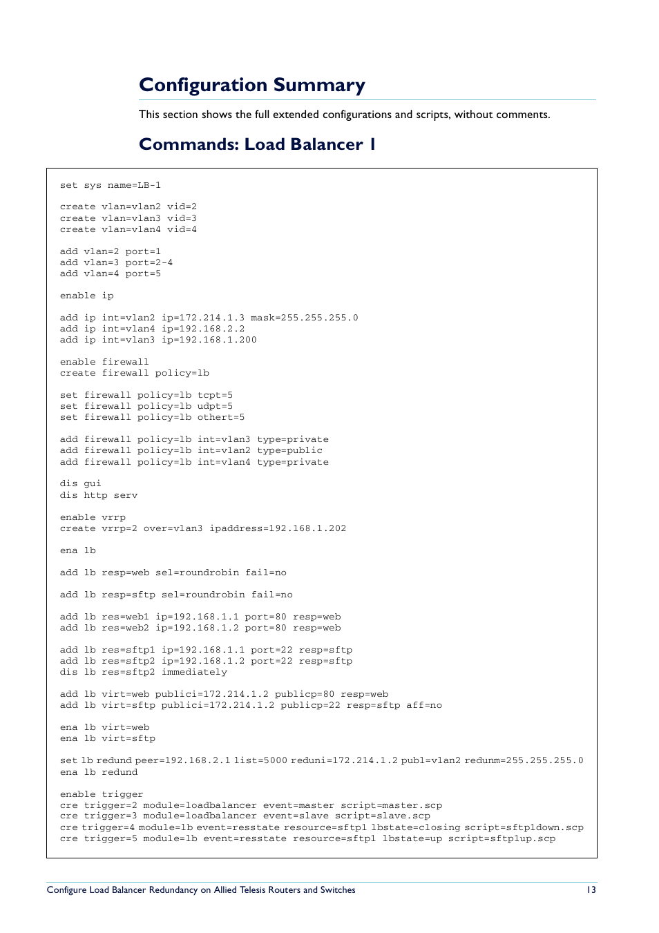 Configuration summary, Commands: load balancer 1 | Allied Telesis Routers and Switches User Manual | Page 13 / 15