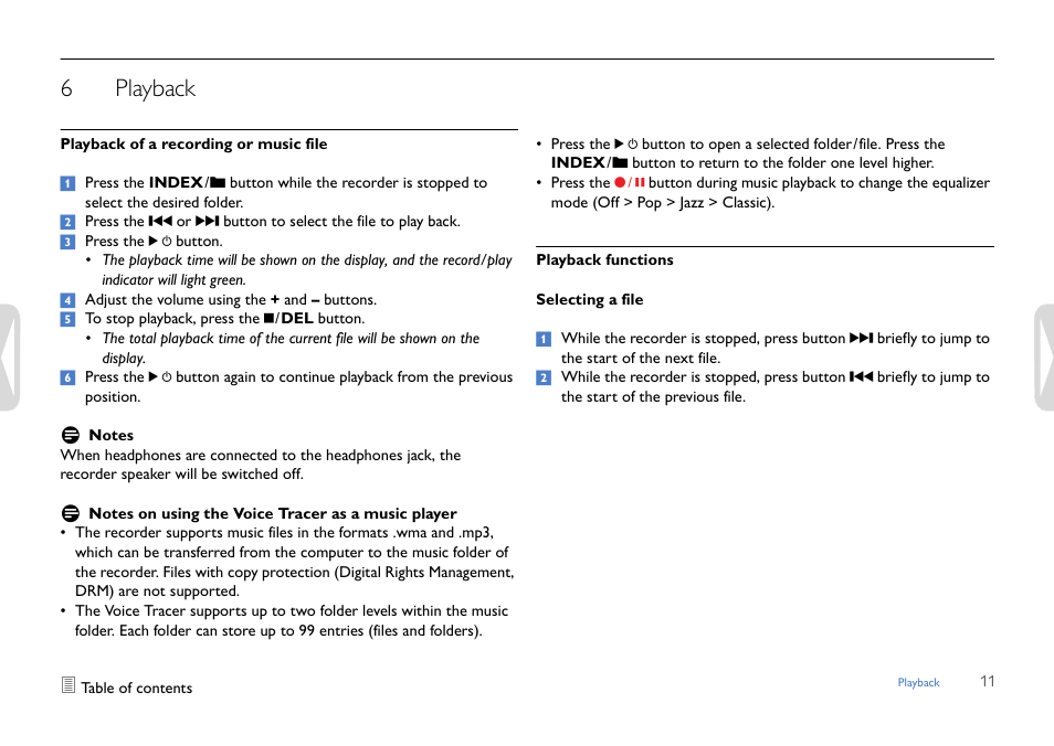 Playback, Playback of a recording or music file, Playback functions | 6playback | Philips LFH0652-27B User Manual | Page 11 / 21