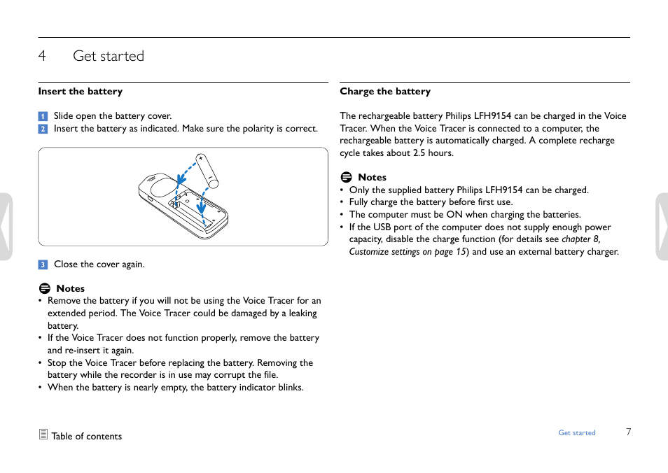 Get started, Insert the battery, Charge the battery | 4get started | Philips LFH0652-27B User Manual | Page 7 / 21