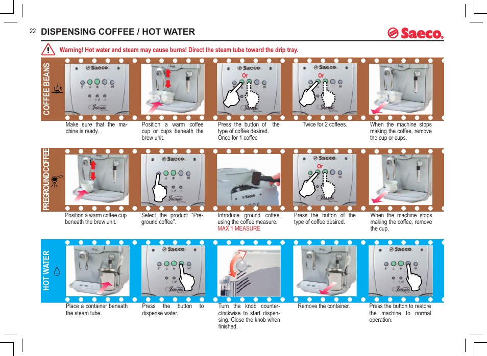 Dispensing coffee / hot water | Philips 740808051 User Manual | Page 22 / 100