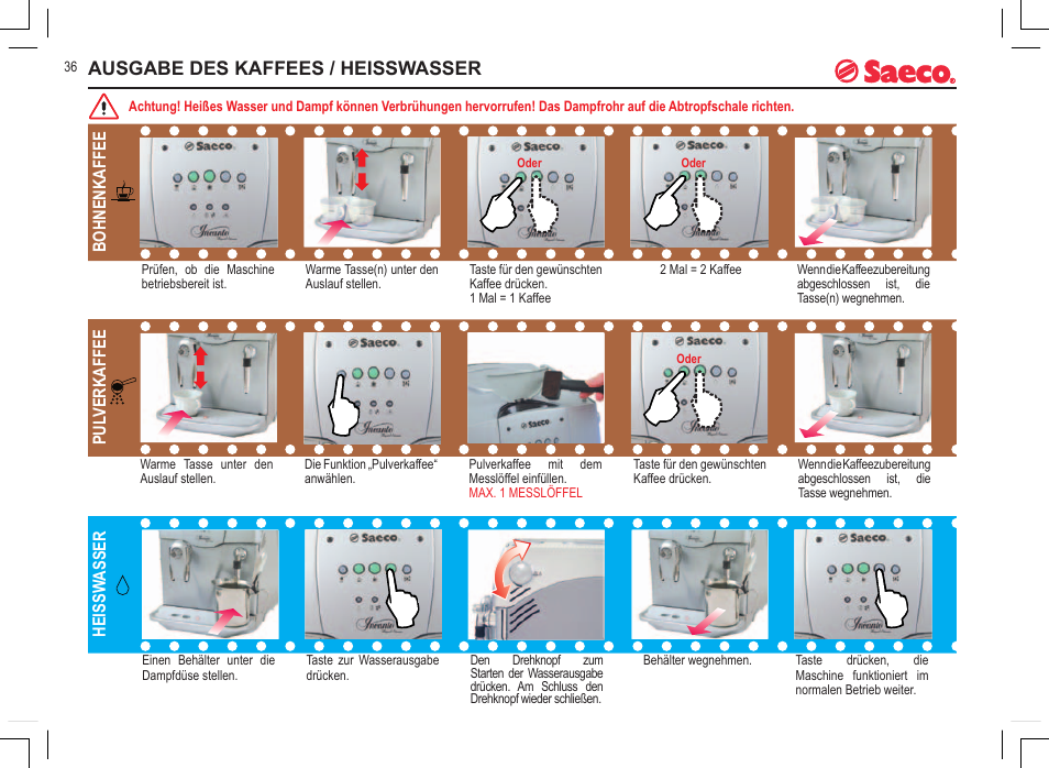 Ausgabe des kaffees / heisswasser, Bohnenkaffee pul verkaffee heissw asser | Philips 740808051 User Manual | Page 36 / 100