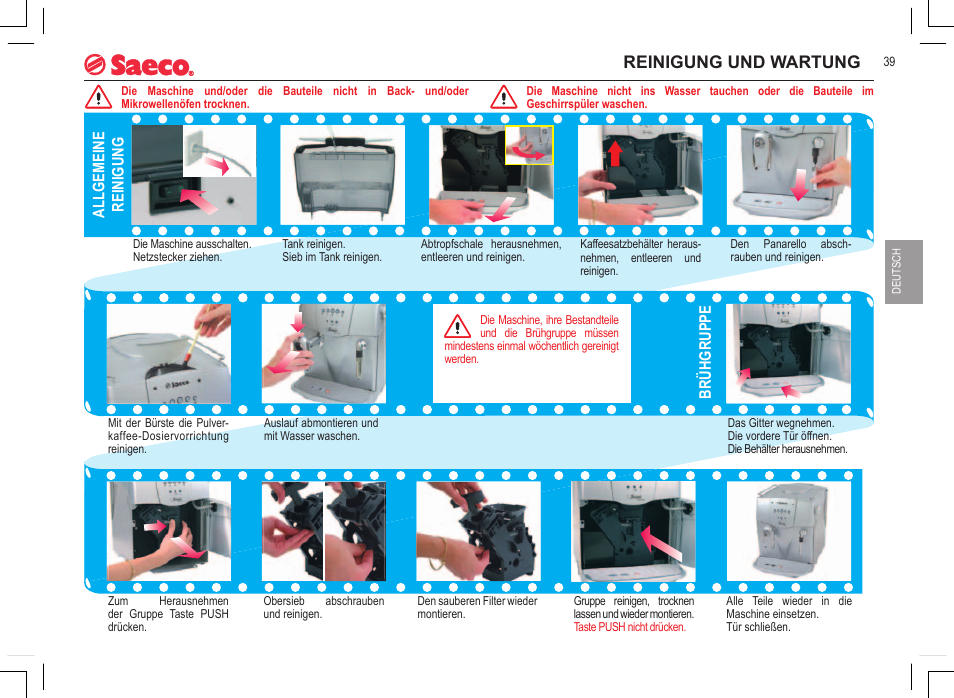 Reinigung und wartung, Allgemeine reinigung, Brühgruppe | Philips 740808051 User Manual | Page 39 / 100