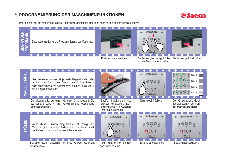 Programmierung der maschinenfunktionen, Beginn der programm, Wasserhärte spülen | Philips 740808051 User Manual | Page 40 / 100