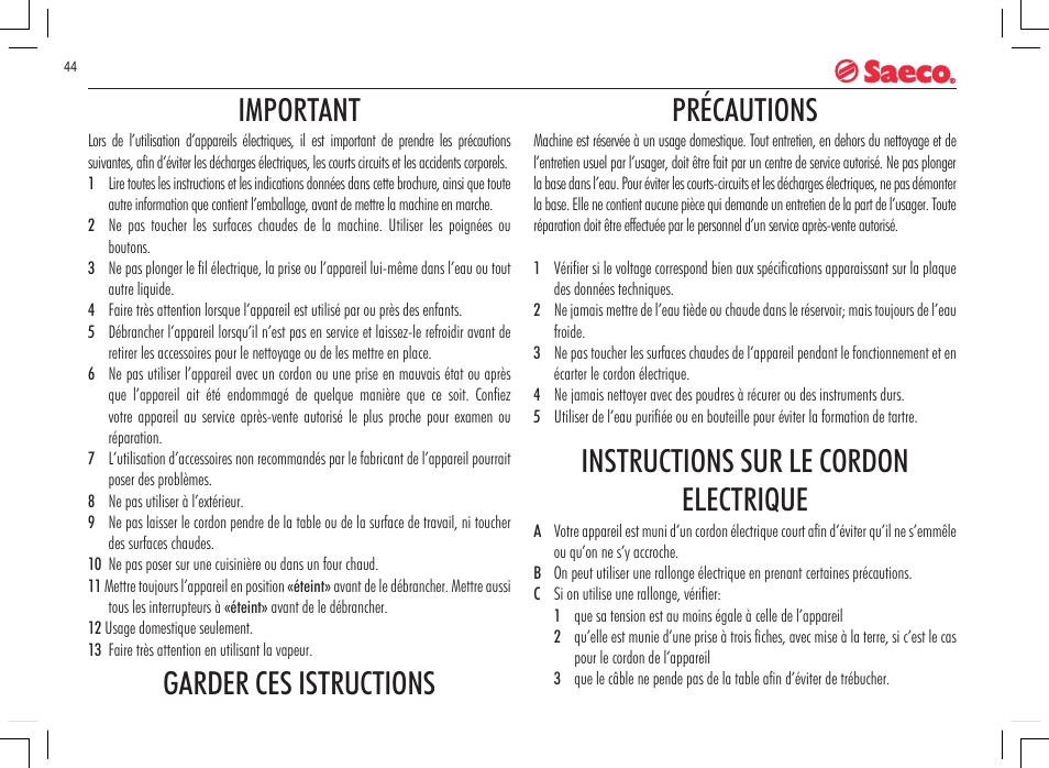 Important, Garder ces istructions précautions, Instructions sur le cordon electrique | Philips 740808051 User Manual | Page 44 / 100