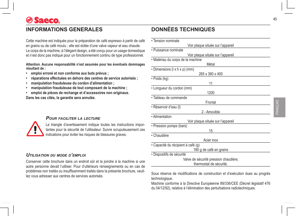 Informations generales, Données techniques | Philips 740808051 User Manual | Page 45 / 100