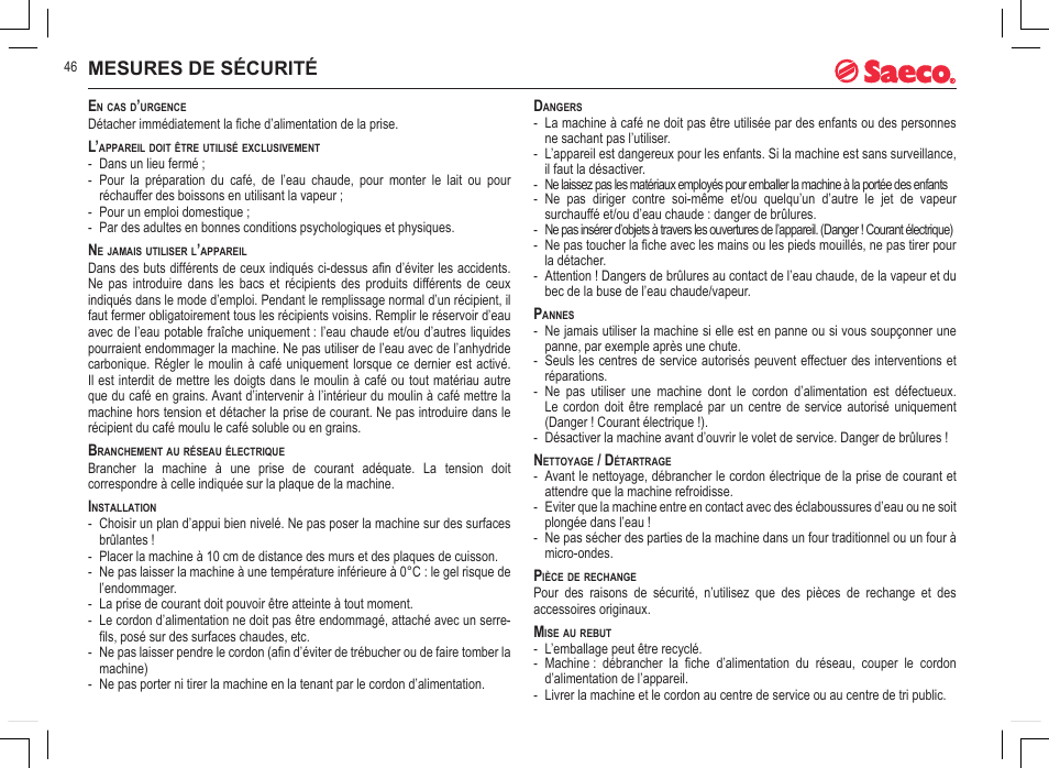 Mesures de sécurité | Philips 740808051 User Manual | Page 46 / 100