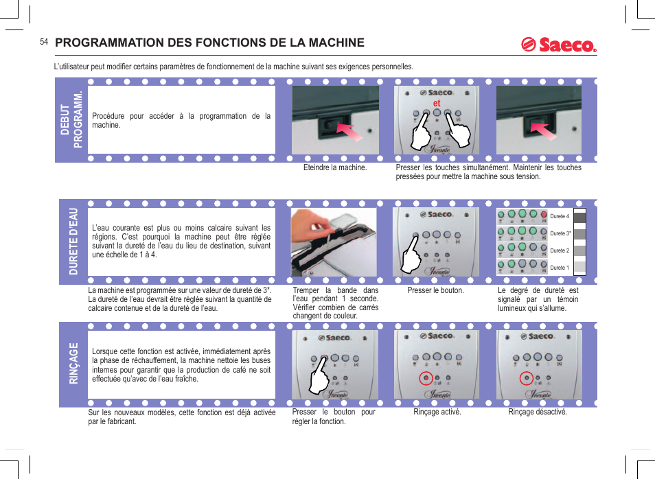 Programmation des fonctions de la machine, Debut programm, Durete d’eau rinçage | Philips 740808051 User Manual | Page 54 / 100