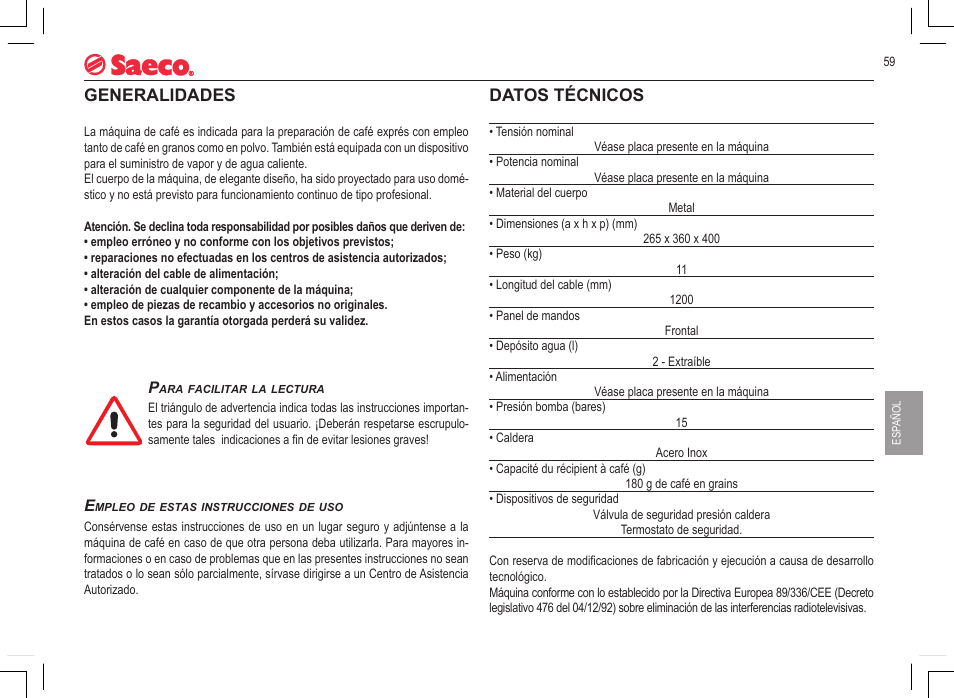 Generalidades, Datos técnicos | Philips 740808051 User Manual | Page 59 / 100