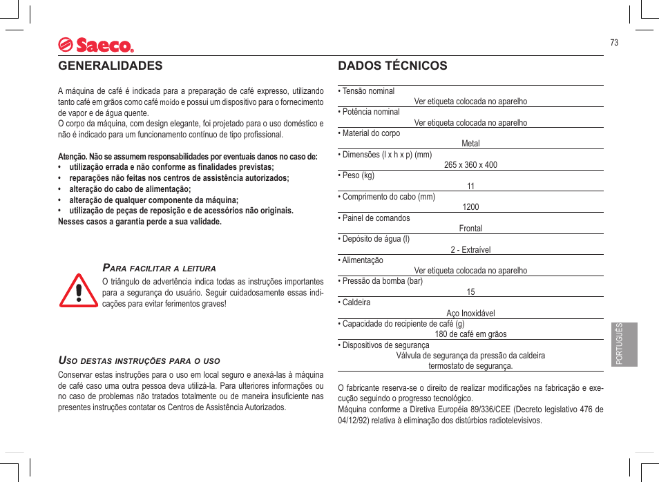 Generalidades, Dados técnicos | Philips 740808051 User Manual | Page 73 / 100