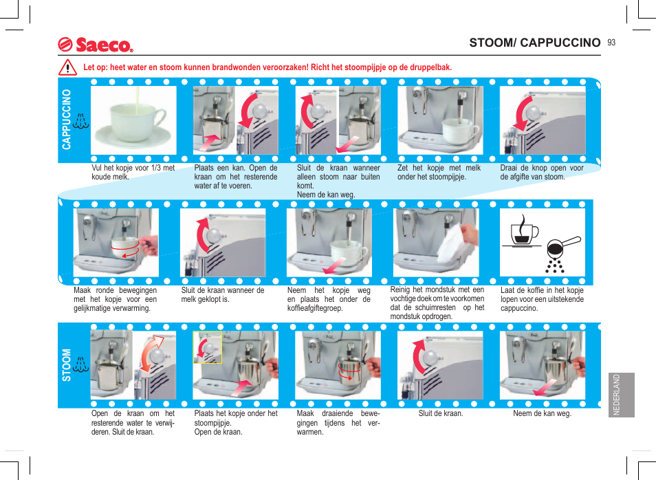 Stoom/ cappuccino, St oom, Cappuccino | Philips 740808051 User Manual | Page 93 / 100