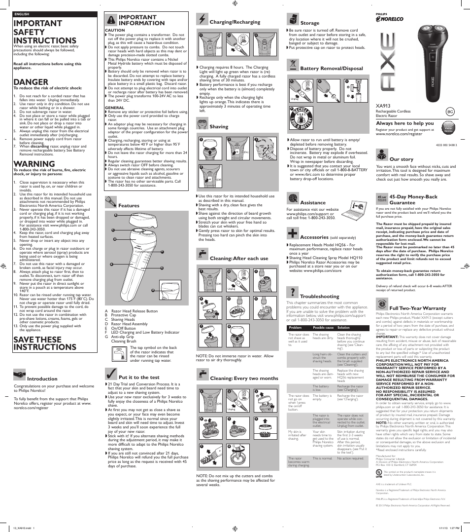 Philips XA913-42 User Manual | 2 pages