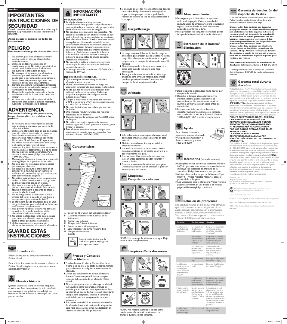 Importantes instrucciones de seguridad, Peligro, Advertencia | Guarde estas instrucciones, Información importante | Philips XA913-42 User Manual | Page 2 / 2