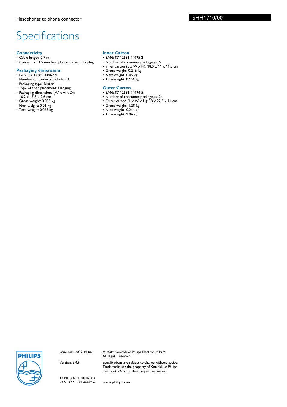 Specifications | Philips SHH1710-00 User Manual | Page 2 / 2