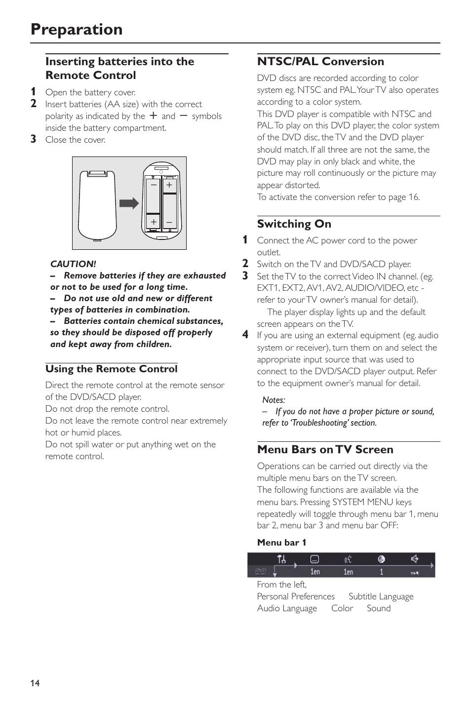 Preparation, Inserting batteries into the remote control 1, Ntsc/pal conversion | Switching on 1, Menu bars on tv screen | Philips SACD-DVD Player User Manual | Page 14 / 36