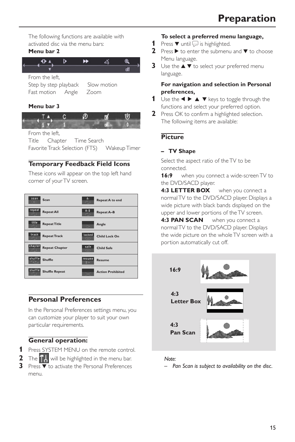 Preparation, Personal preferences | Philips SACD-DVD Player User Manual | Page 15 / 36