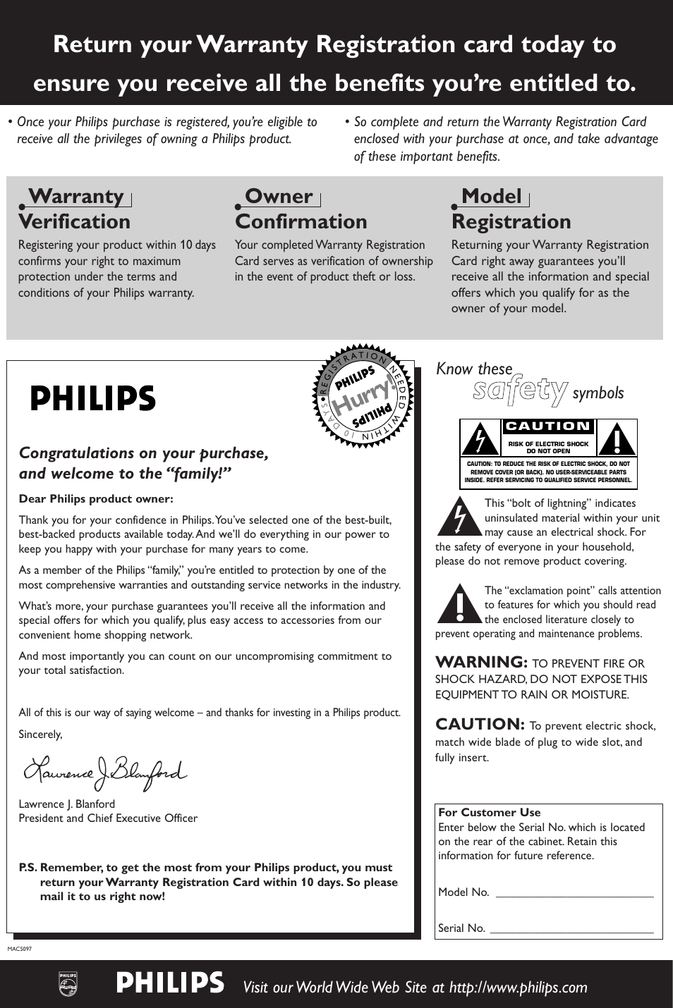 Ssa affe etty y, Hurry, Warranty verification | Owner confirmation, Model registration, Know these, Symbols | Philips SACD-DVD Player User Manual | Page 2 / 36