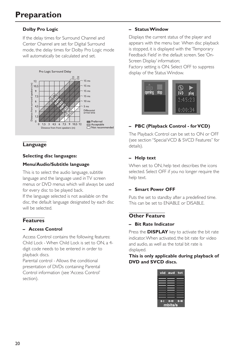 Preparation, Language, Features | Other feature | Philips SACD-DVD Player User Manual | Page 20 / 36